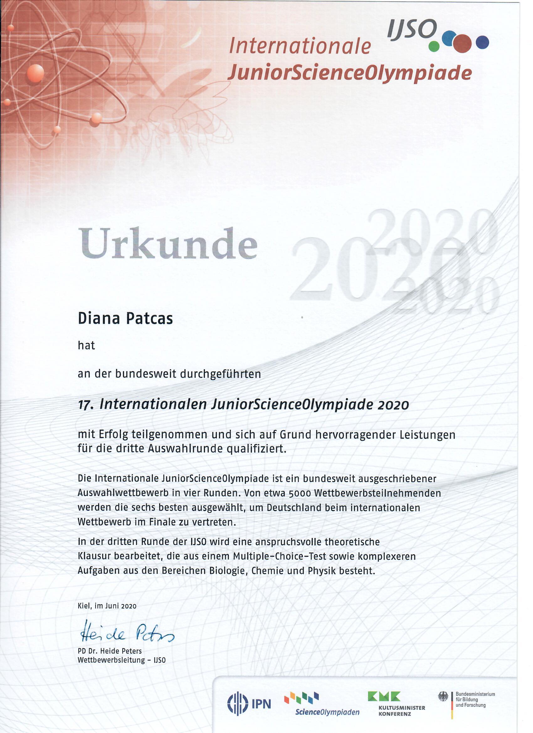 2020 IJSO Urkunde Diana Patcas 3. Runde